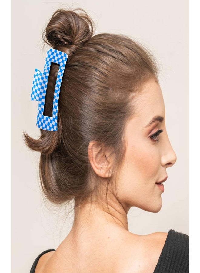 Hapdoo 3pcs Blue Checkered Hair Claw Clips, Square Checker Cute Non Slip Hair Jaw Clips, Strong Hold Rectangle Plaid Vintage Check Hair Claw - Image 5